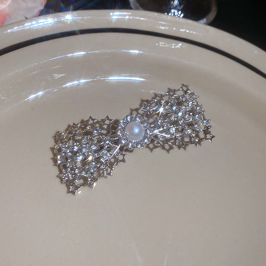 鑲鉆植絨蝴蝶結珍珠發夾高級感精致優雅側邊夾鴨嘴夾輕奢小眾發飾
