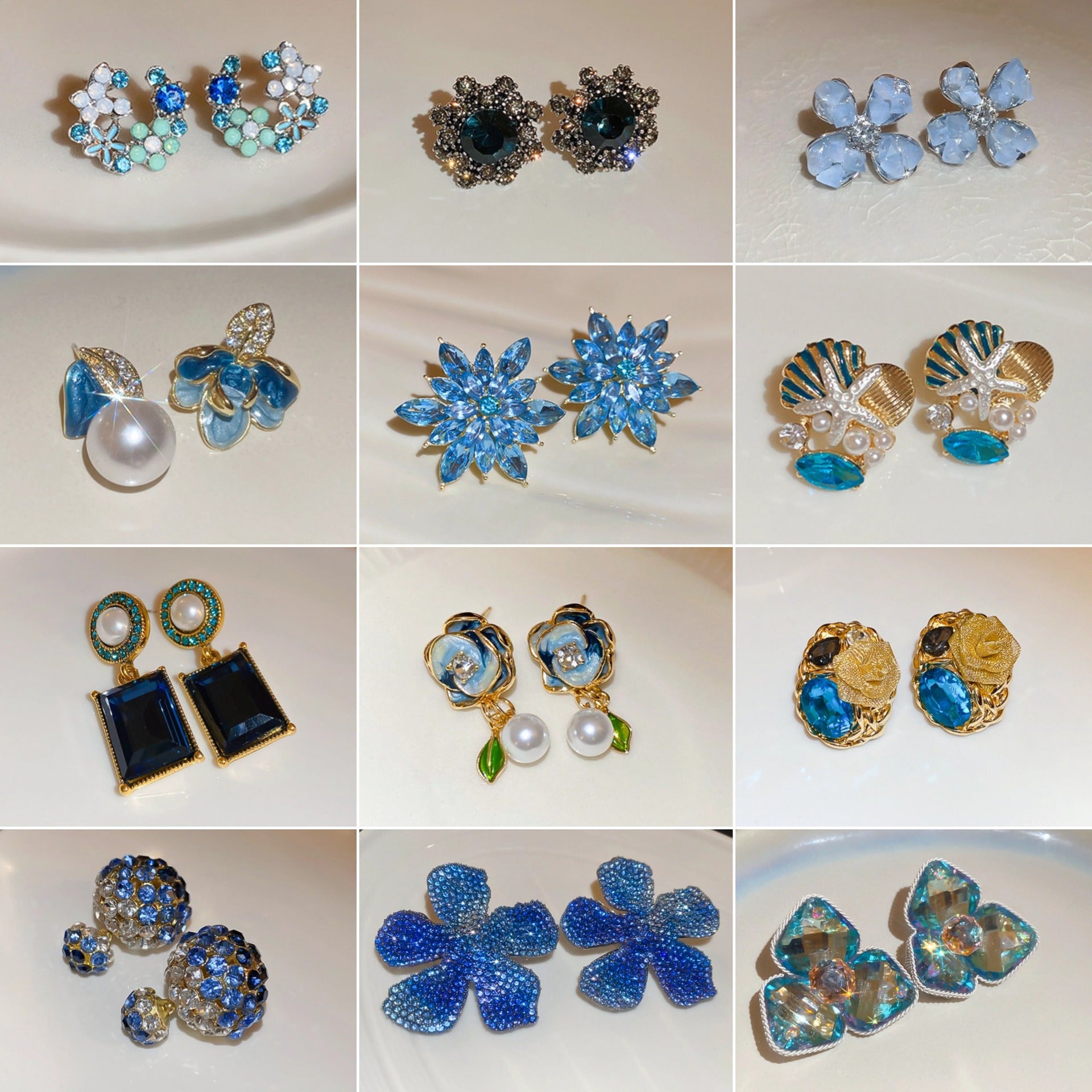 藍色銀針花朵鑲鑽耳釘－商品主圖｜https://igowo.tw/