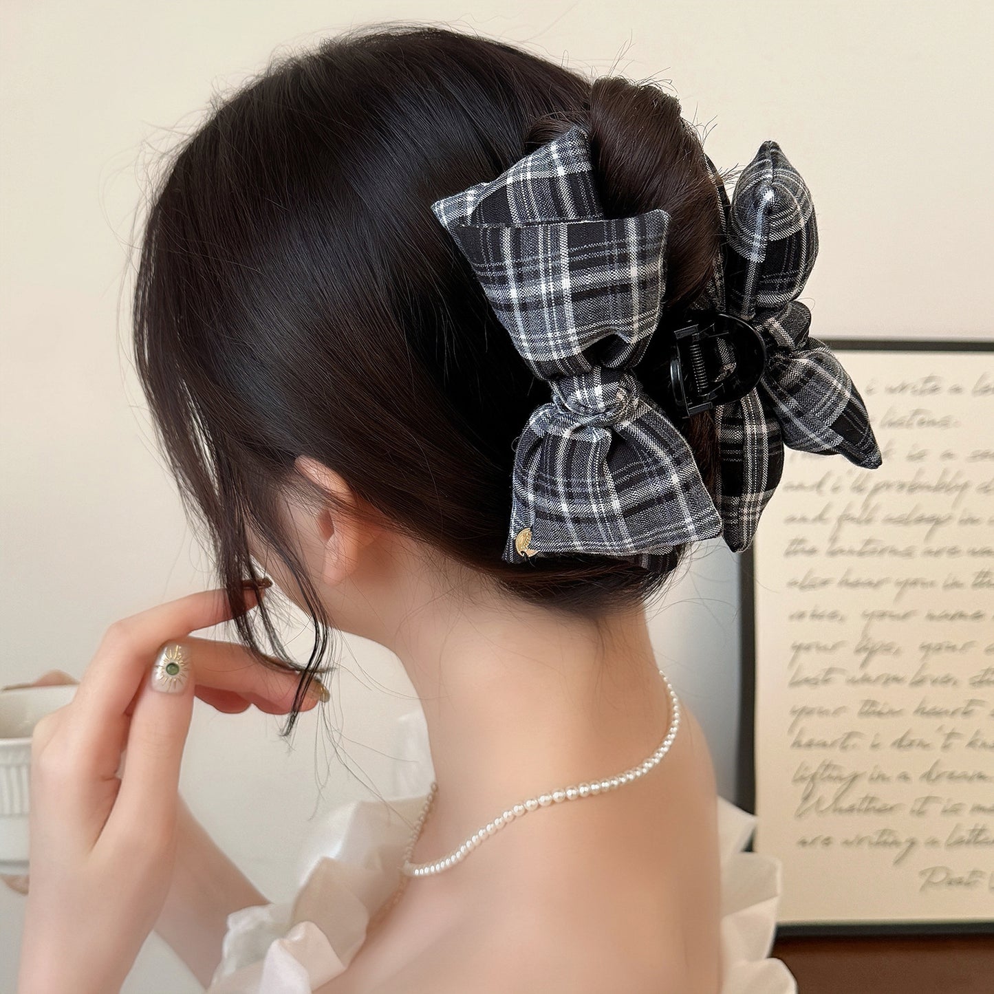 蕾絲格紋蝴蝶結髮夾－抓夾款實拍｜https://igowo.tw/