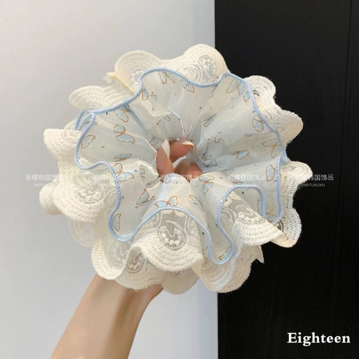 粉色蕾絲碎花髮圈－粉色花朵款實拍｜https://igowo.tw/