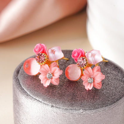 粉色鋯石花朵復古耳環－商品主圖｜https://igowo.tw/