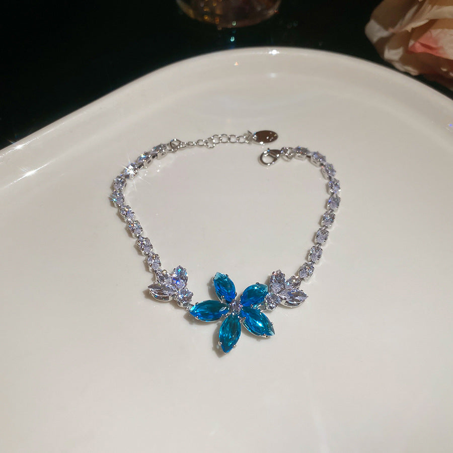 鋯石花朵吊墜手鏈耳環項鏈小眾設計感鎖骨鏈氣質精致百搭首飾套裝