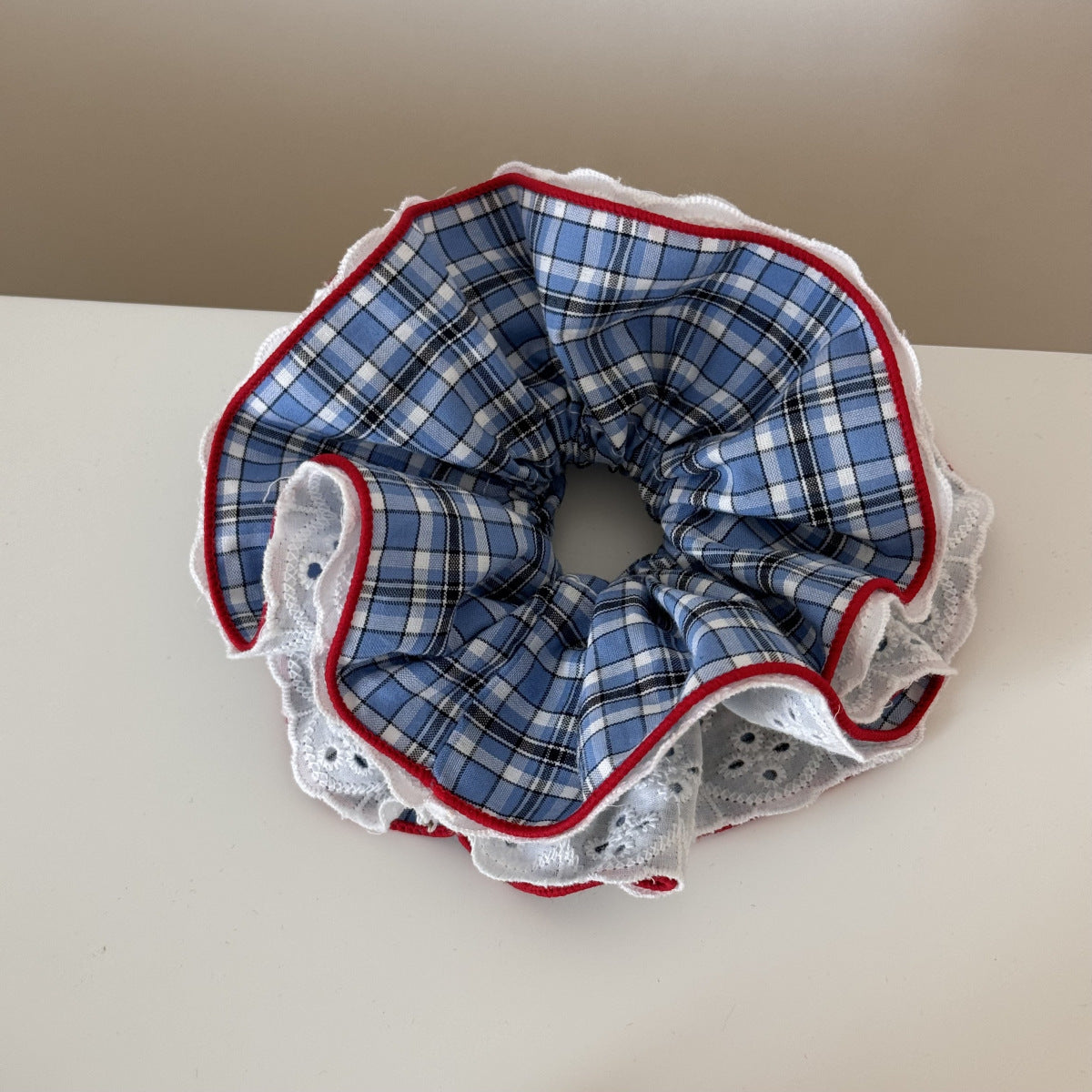 撞色格紋刺繡髮圈