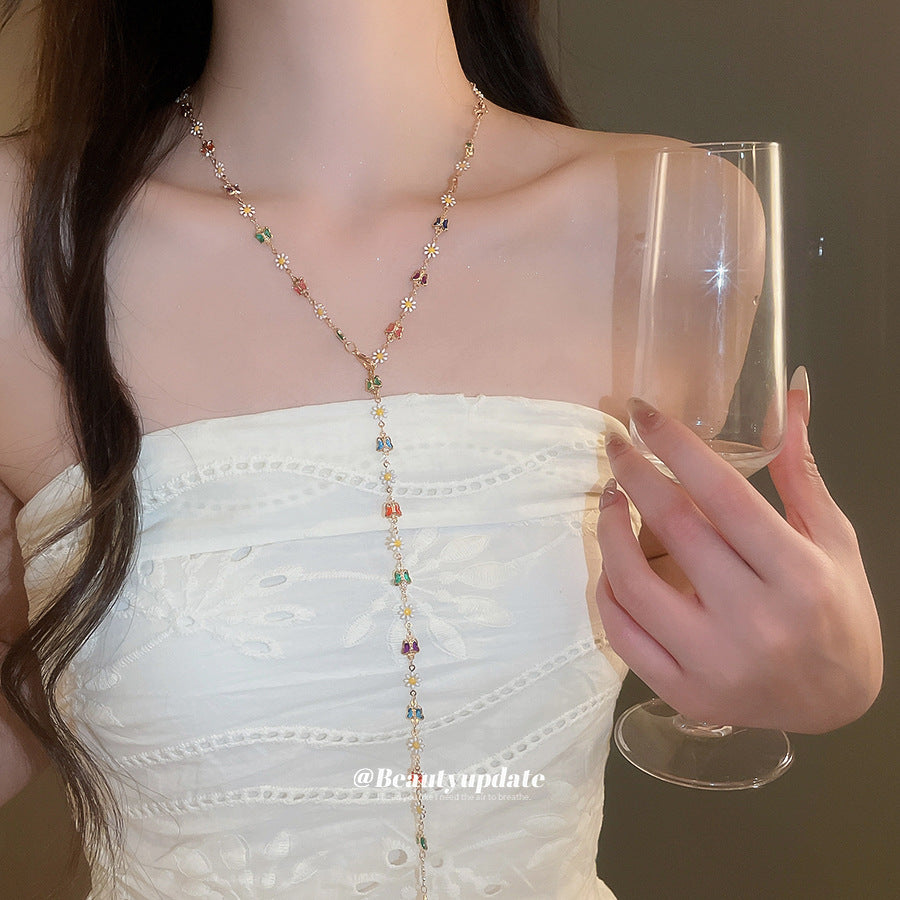 琺瑯水晶蝴蝶花朵項鍊－項鍊-金色-彩色-雙層款細節｜https://igowo.tw/