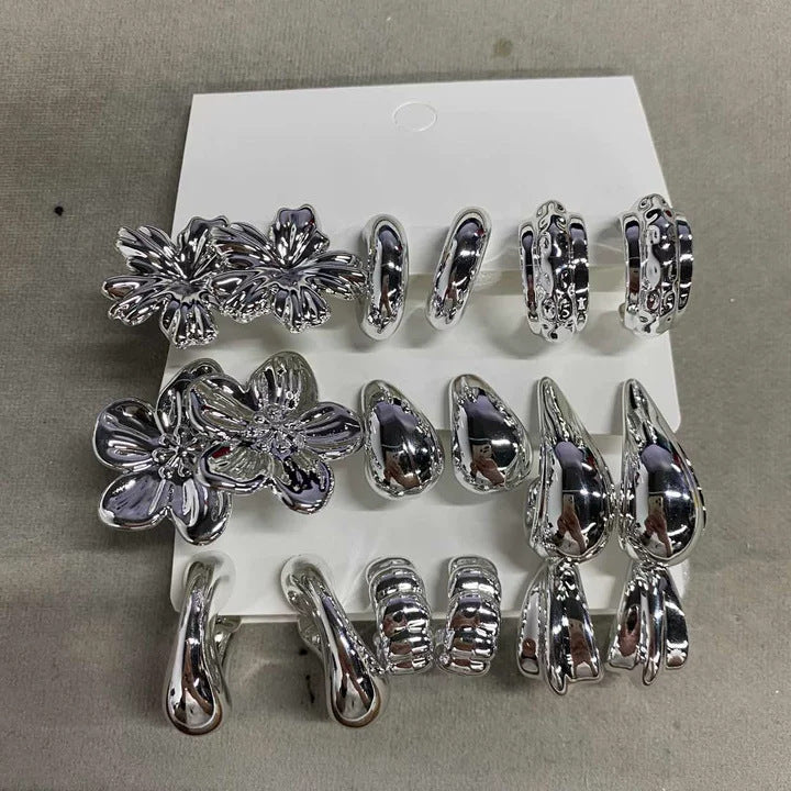 跨境歐美銀針花朵水滴耳釘十八件套復古氣質耳環輕奢高級感耳飾女
