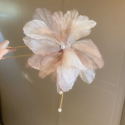 珍珠布面花朵流蘇髮簪