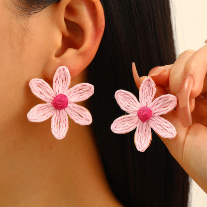黃色海星花朵編織耳環－藤編咖色9947款細節21｜https://igowo.tw/