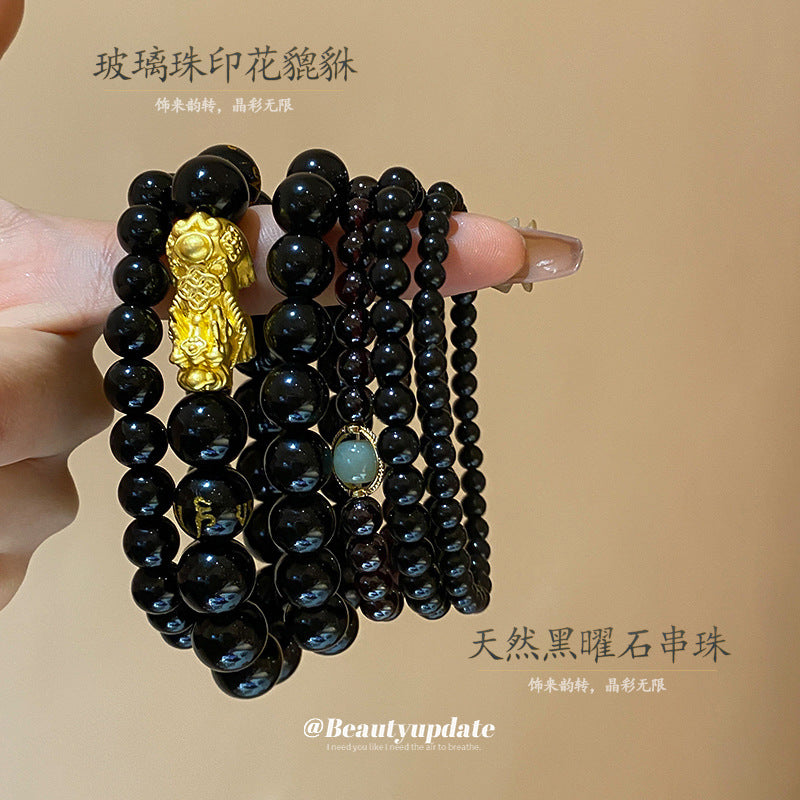 黑曜石串珠手鏈女國潮個性氣質百搭手串新中式小眾高級感手飾批發