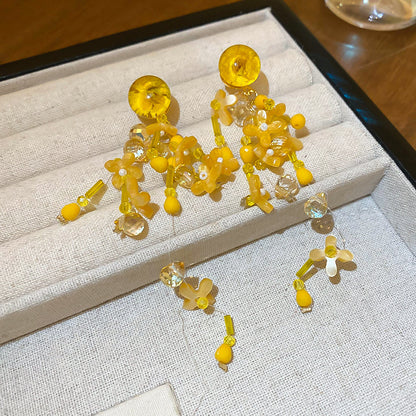 銀針黃色花朵流蘇耳環歐美個性時尚氣質耳釘女時尚耳飾小眾高級感
