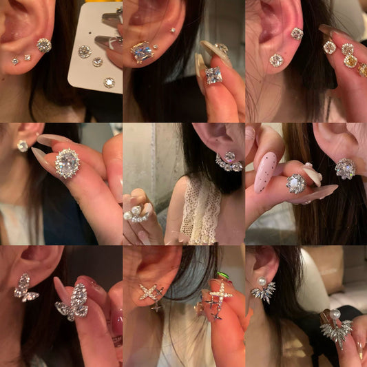 銀針超閃鑲鉆牛角不對稱珍珠耳釘女冷淡風小眾耳環輕奢高級感耳飾