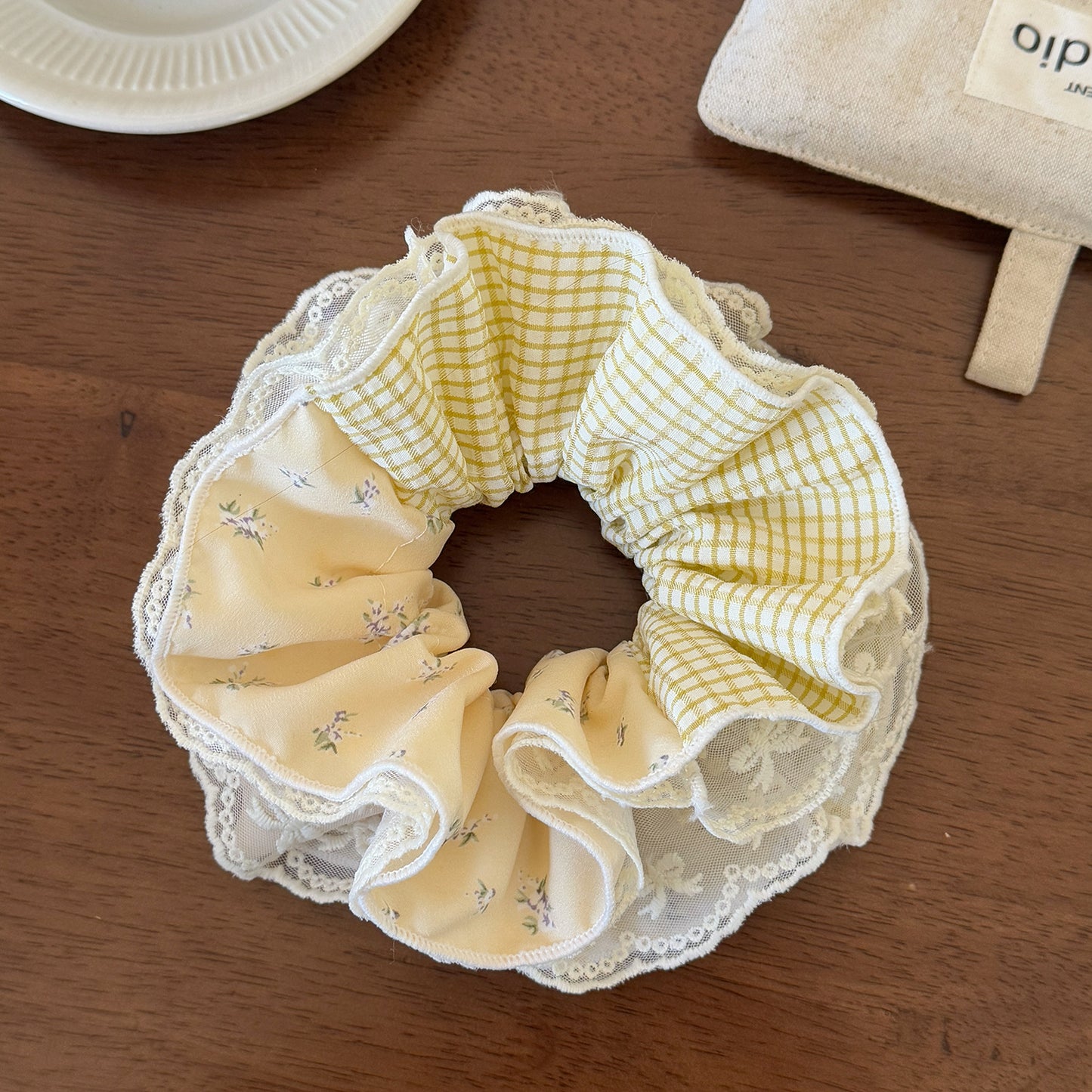 撞色蕾絲格紋髮圈