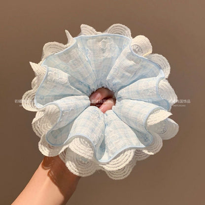粉色蕾絲碎花髮圈－黃色條紋款細節4｜https://igowo.tw/