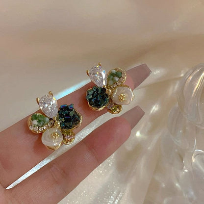 輕奢手工水晶花瓣耳釘女復古小眾獨特精致甜美氣質百搭耳環耳飾女