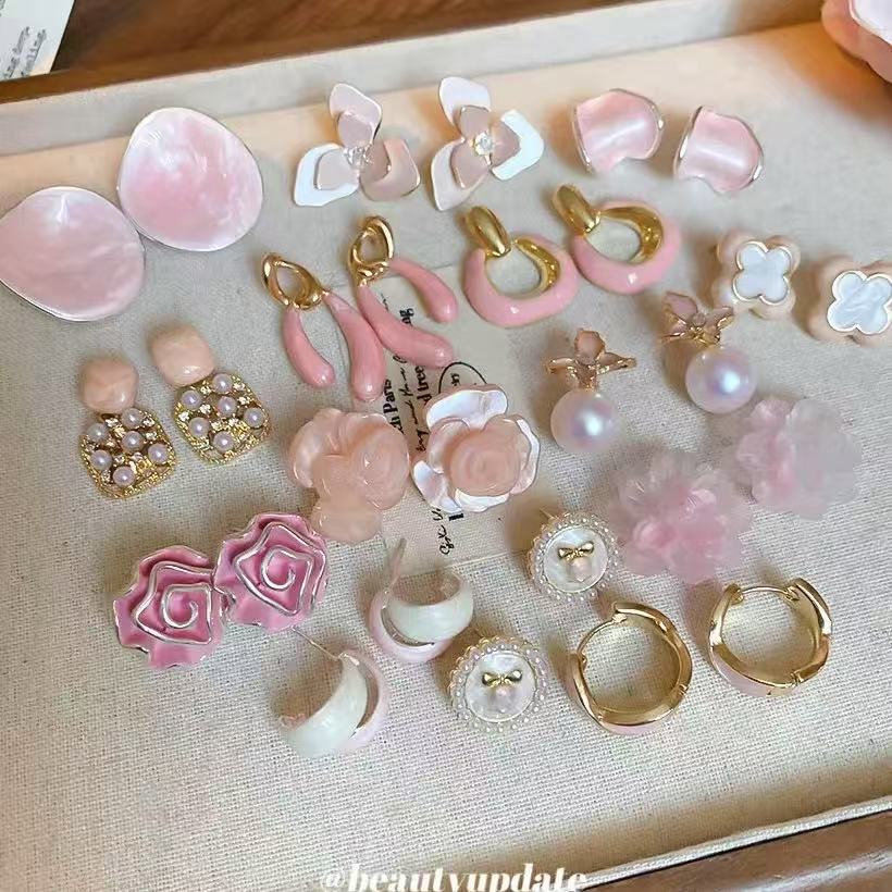 銀針粉色系花朵珍珠耳釘清新甜美設計感耳環小眾輕奢百搭耳飾批發