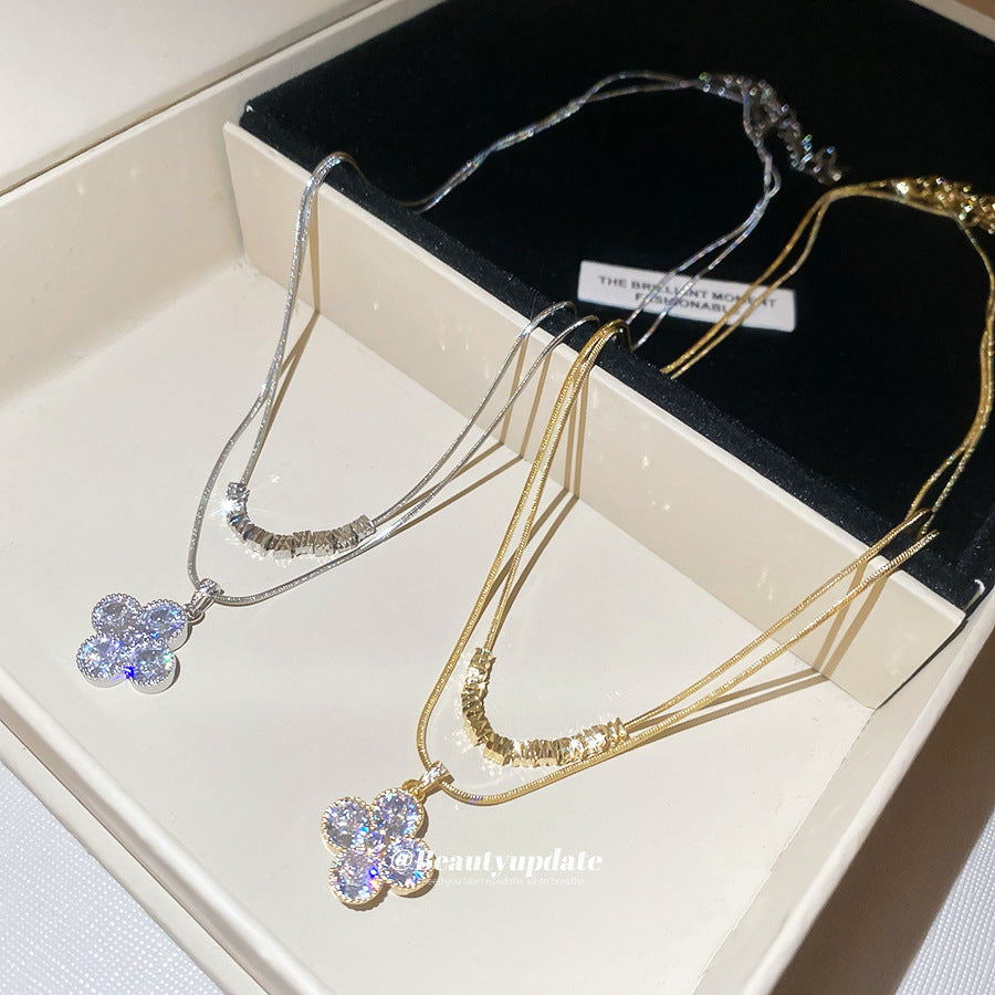 金色鋯石花朵電鍍項鍊－項鍊-銀色-兩件套（真金電鍍）款實拍｜https://igowo.tw/