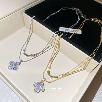 金色鋯石花朵電鍍項鍊－項鍊-銀色-兩件套（真金電鍍）款實拍｜https://igowo.tw/