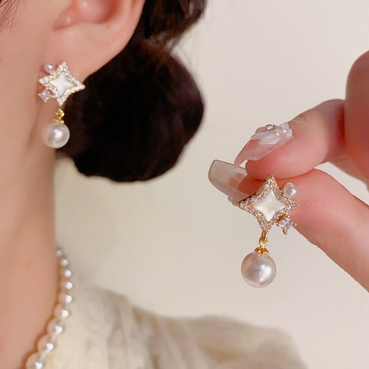 貝母珍珠星星簡約耳墜－商品主圖｜https://igowo.tw/