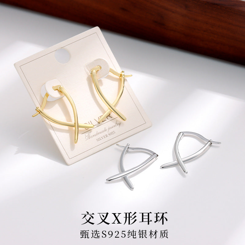 S925 交叉X形耳環女時尚簡約ins冷淡風耳扣小眾設計感輕奢耳飾