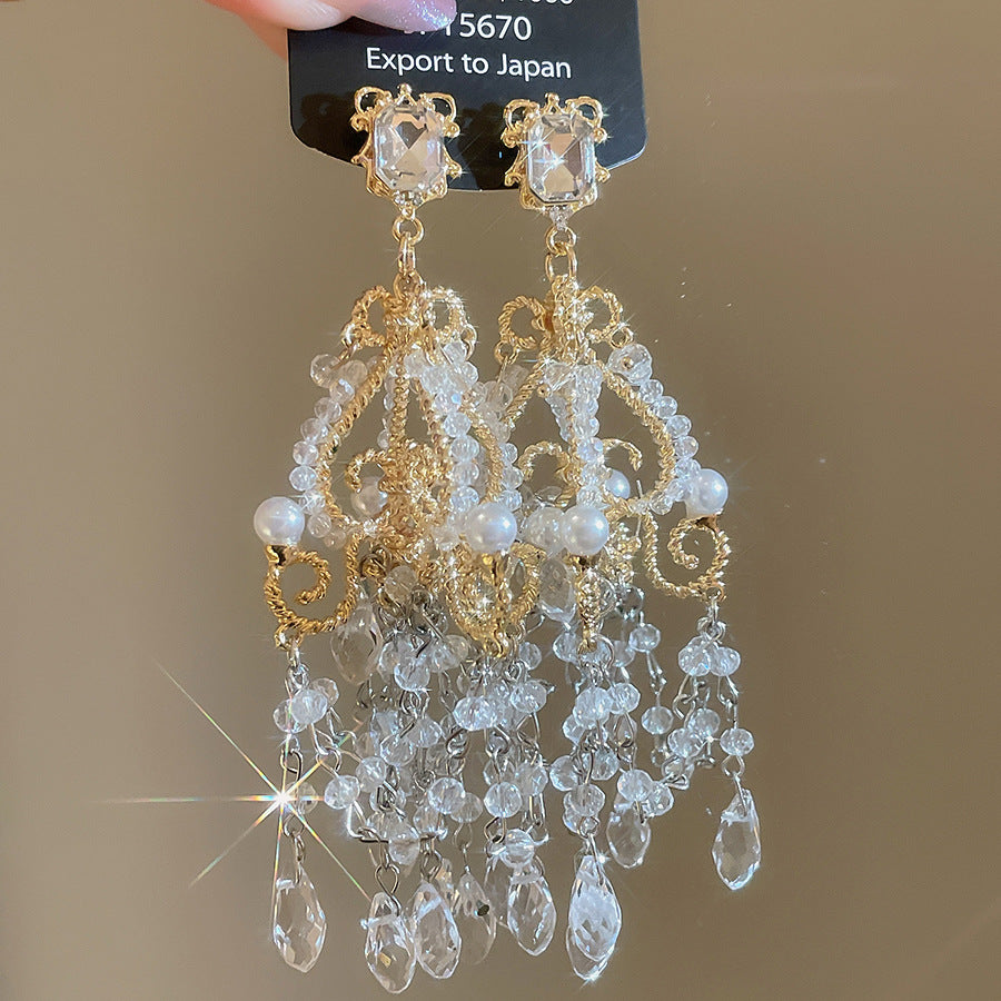 水晶珍珠流蘇復古耳環