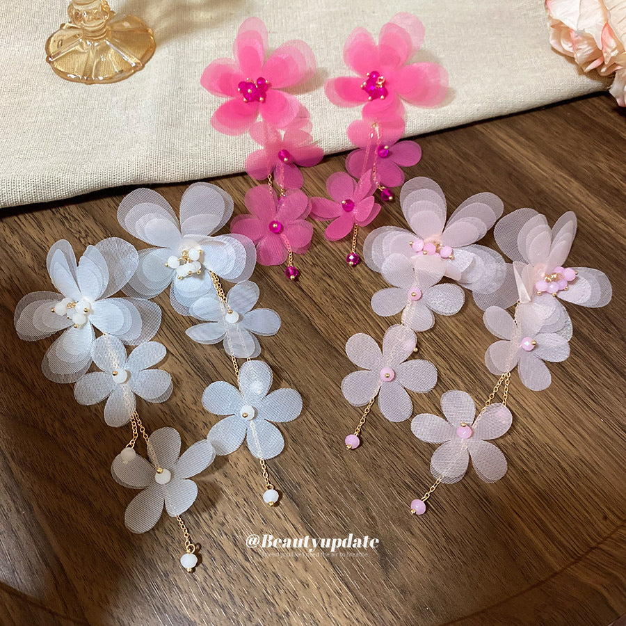 布藝雪紡花流蘇耳環女甜美溫柔氣質耳釘輕奢高級感耳飾設計感小眾