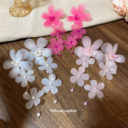 布藝雪紡花流蘇耳環女甜美溫柔氣質耳釘輕奢高級感耳飾設計感小眾