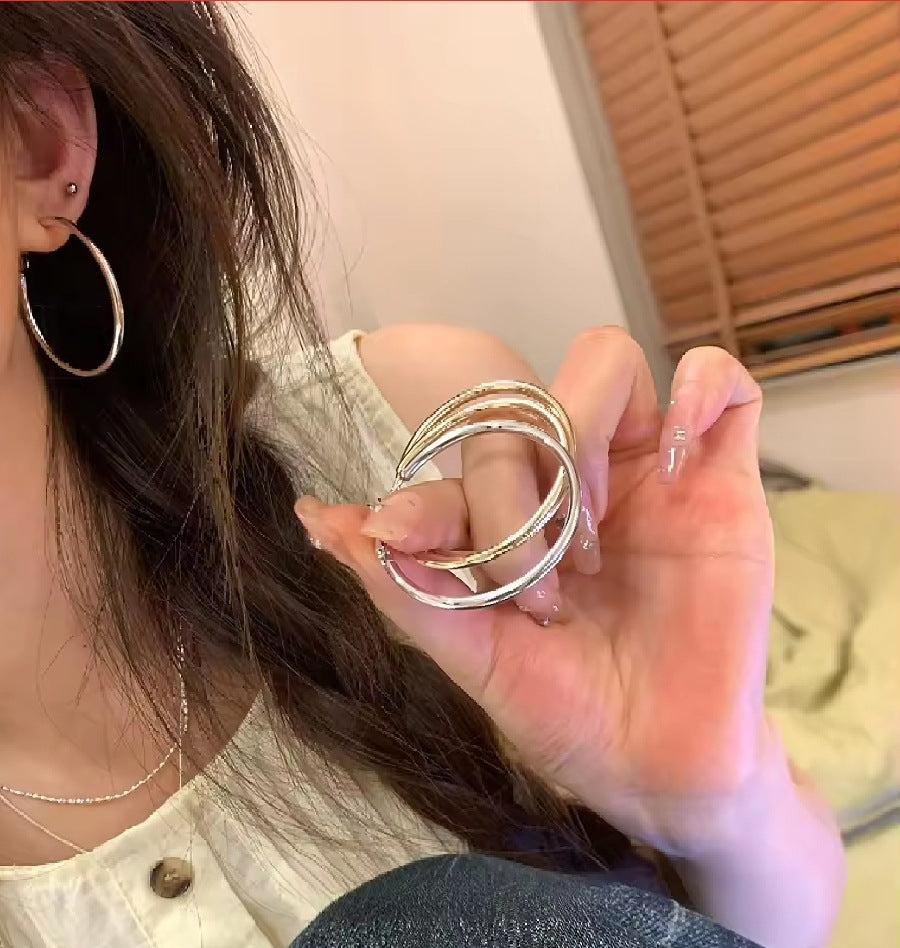 歐美金屬銀針光面幾何圓形耳圈時尚簡約百搭耳環小眾設計感耳飾女