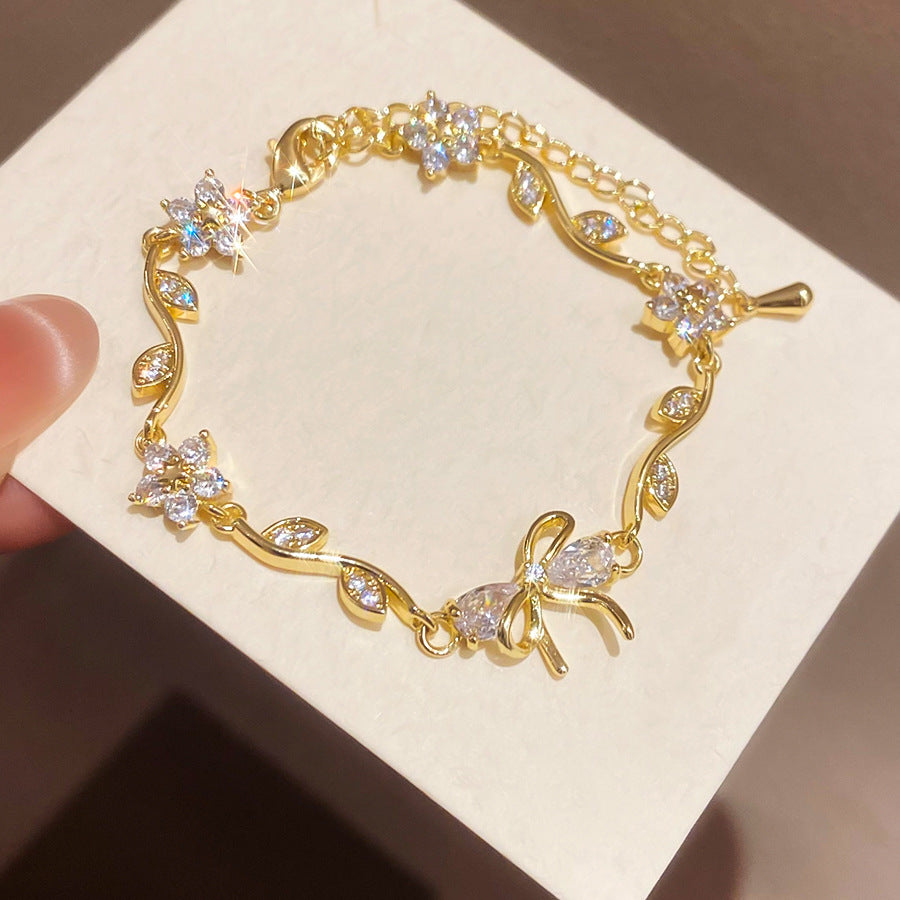 18k真金電鍍鋯石花朵手鏈精致優雅甜美百搭手環輕奢高級感手飾女