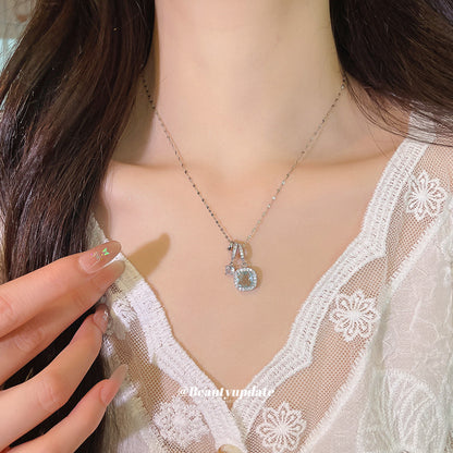 鋯石星星項鍊－項鍊-銀色-藍色-長方形款細節｜https://igowo.tw/