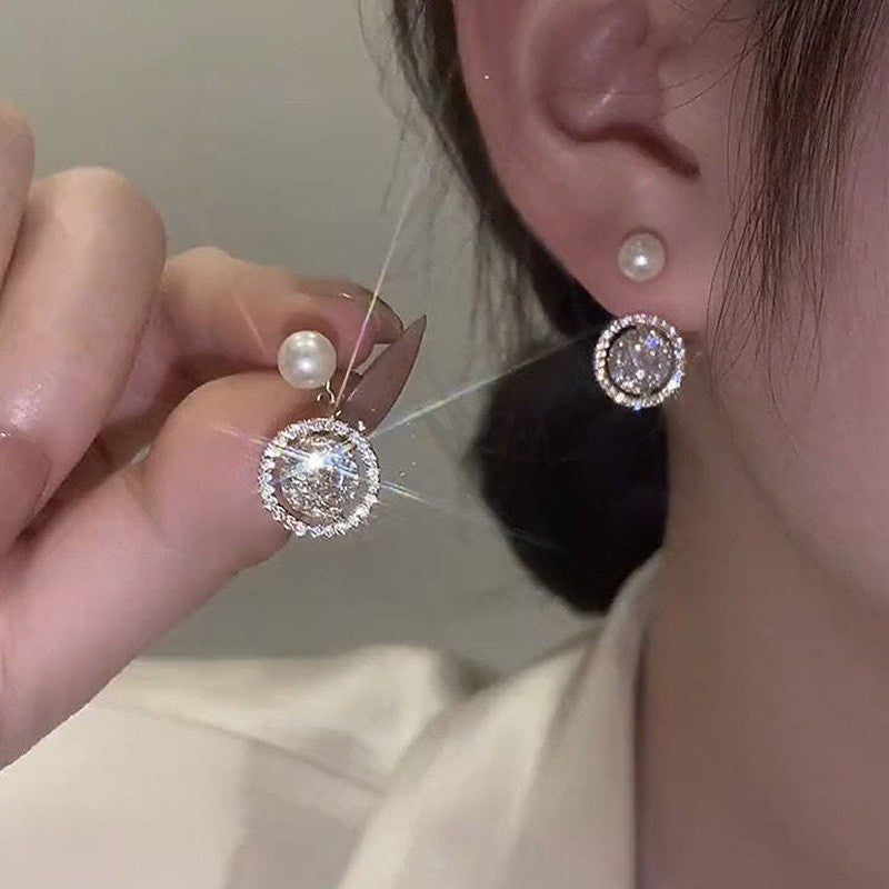 銀針珍珠鋯石流蘇耳釘時尚輕奢高級感耳環小眾精致百搭耳飾批發女