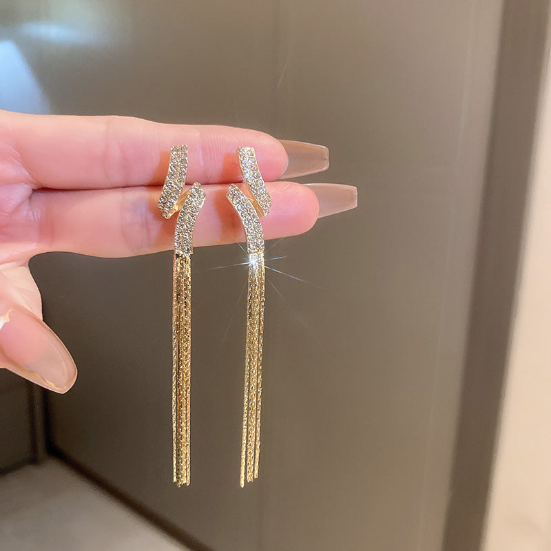 鋯石銀針樹葉流蘇耳環