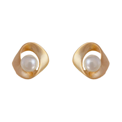 珍珠金屬幾何拉絲耳環
