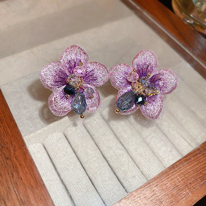 紫色銀針方形鑲鑽耳釘