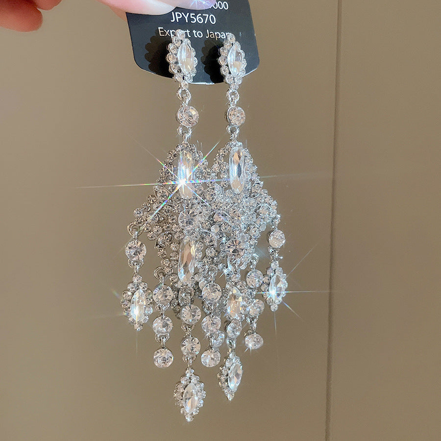 銀針超閃鑲鉆水滴菱形流蘇吊墜耳環喜娘耳墜耳釘輕奢高級感耳飾女