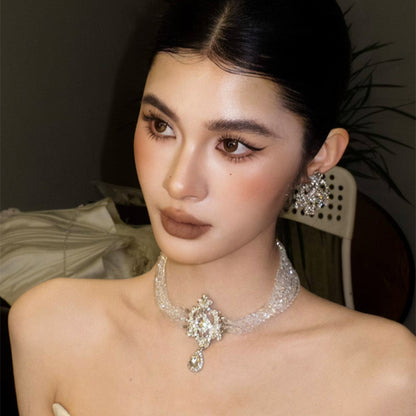 宮廷風鑲鉆水晶串珠水滴項鏈耳夾輕奢高級感首飾套裝歐美夸張飾品