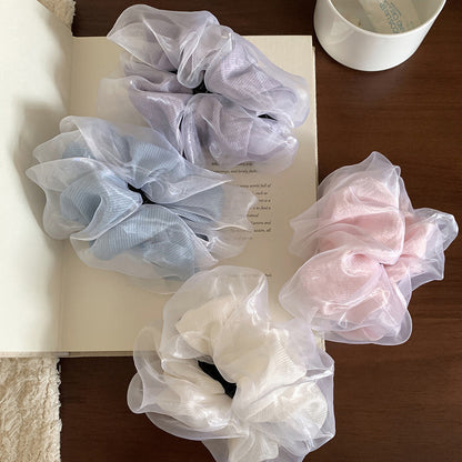 網紗大腸圈雙層髮夾－霧霾藍款實拍｜https://igowo.tw/