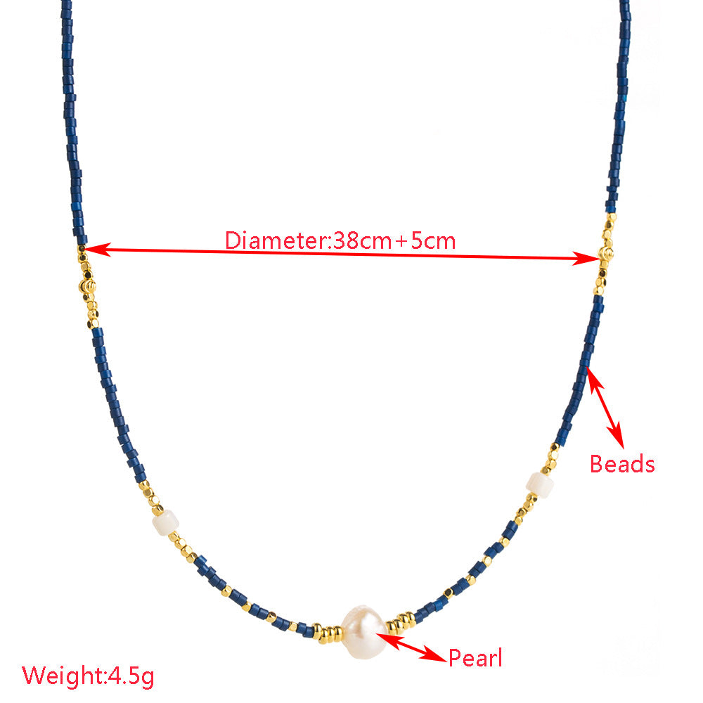 金色珍珠串珠幾何項鍊－淺藍款實拍｜https://igowo.tw/