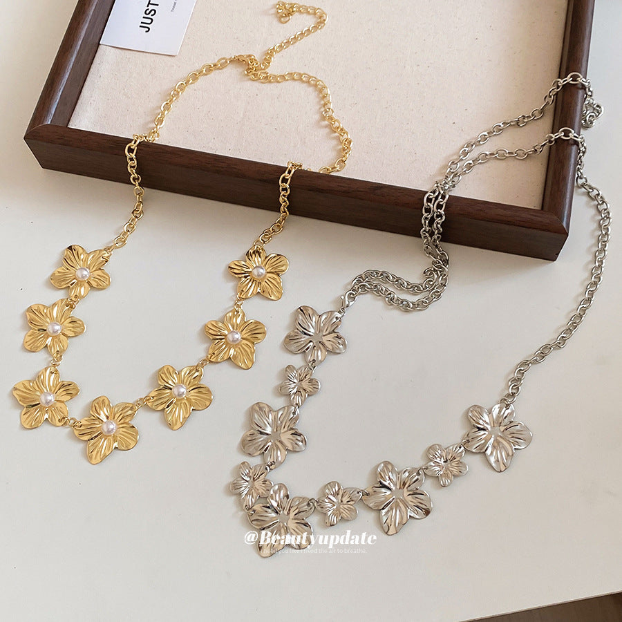 珍珠金屬花朵腰鍊－腰鏈-金色-白色款實拍｜https://igowo.tw/