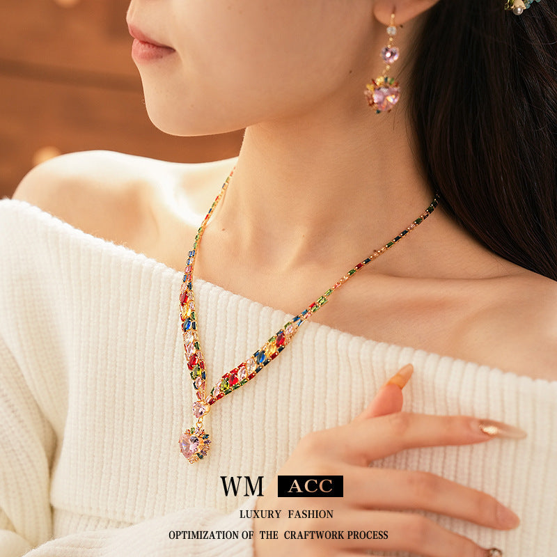 鋯石愛心墜飾項鍊套組－項鍊-彩色款實拍｜https://igowo.tw/