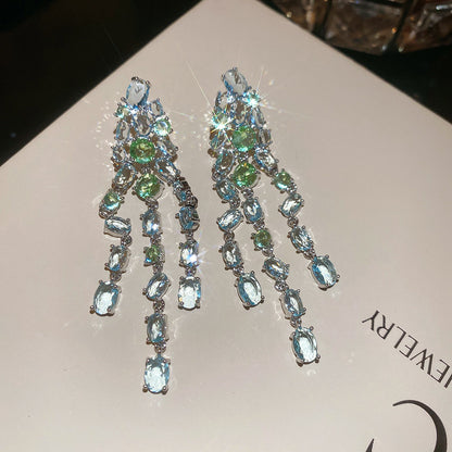 中古風銀針鋯石方形流蘇耳釘輕奢高級感新中式耳環時尚氣質耳飾女