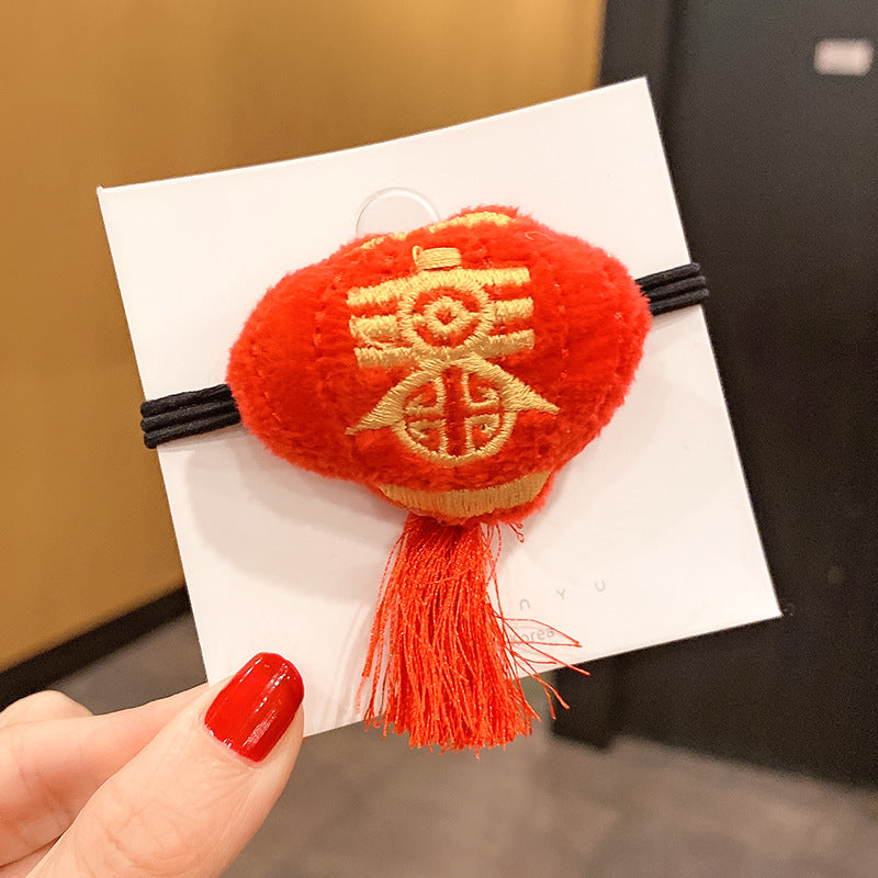 紅色絨面毛球復古髮圈