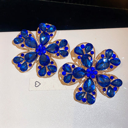 銀針水滴花朵鑲鑽耳釘