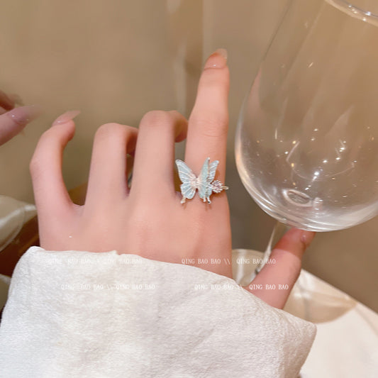 粉蝶藍夢超仙氣質蝴蝶戒指女輕奢百搭設計感高級感甜美風指環手飾 J950銀B/開口可調節
