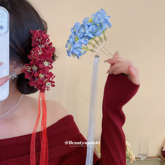 緞帶布面花朵流蘇髮簪－商品主圖｜https://igowo.tw/