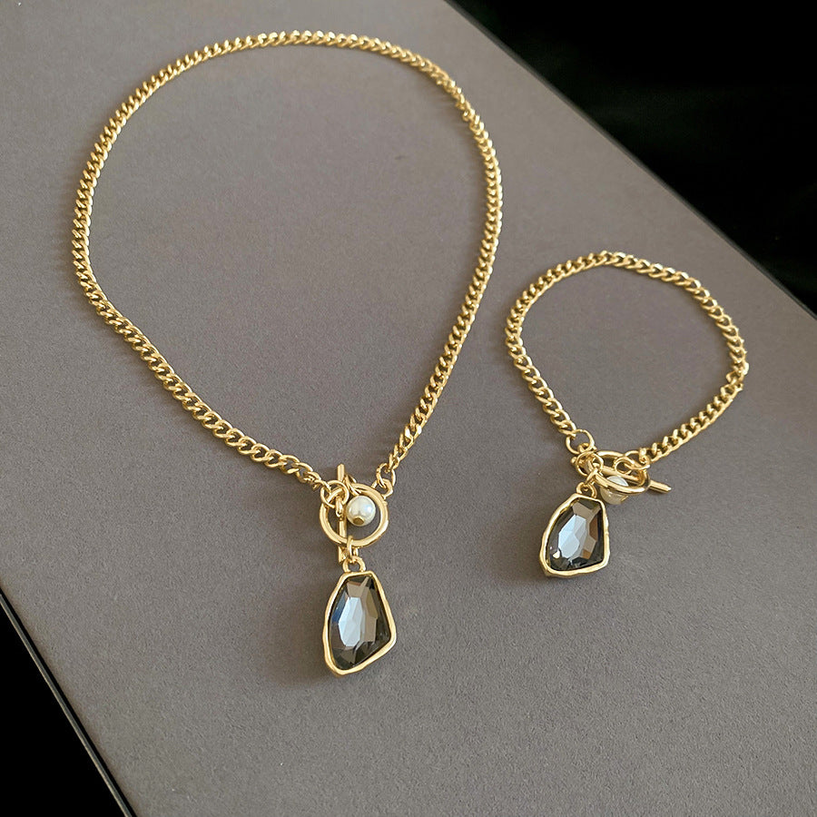 鑲鉆不規則鏈條吊墜珍珠項鏈手鏈套裝2026新款極簡風高級感飾品女