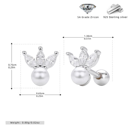 S925 歐美新款耳飾皇冠拼鋯貝珠螺紋耳釘養耳高級感飾品