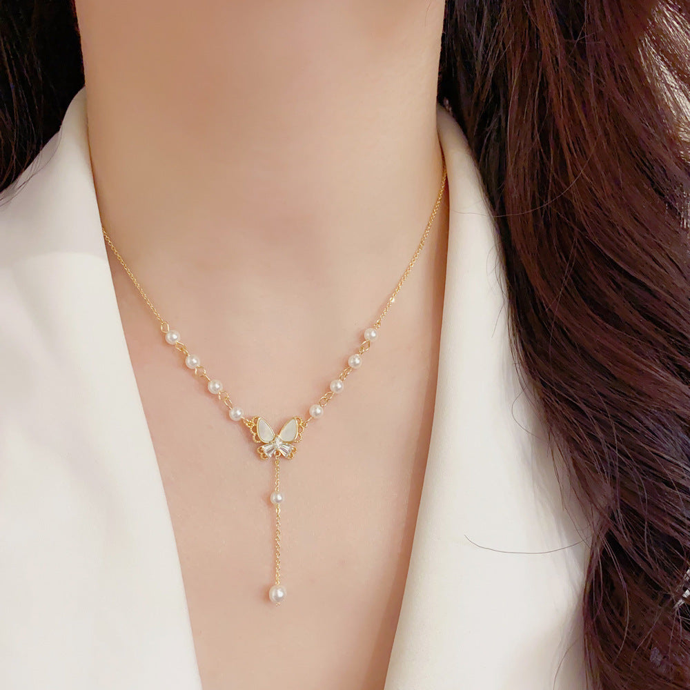 珍珠貝殼蝴蝶流蘇項鍊－第二視角實拍｜https://igowo.tw/