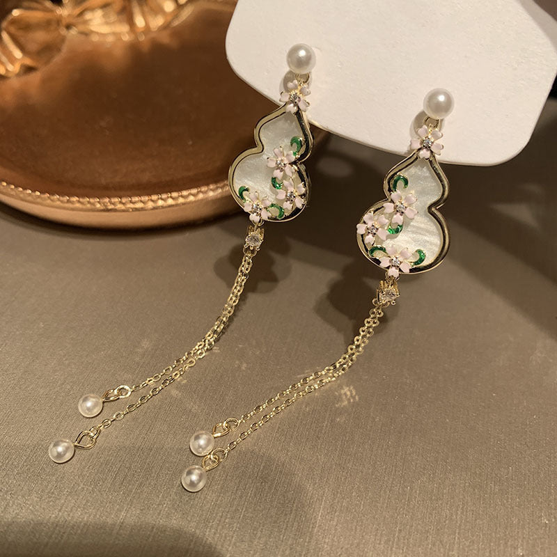 銀針中國風花朵葫蘆珍珠流蘇耳環氛圍感流蘇耳墜新中式溫柔耳飾女