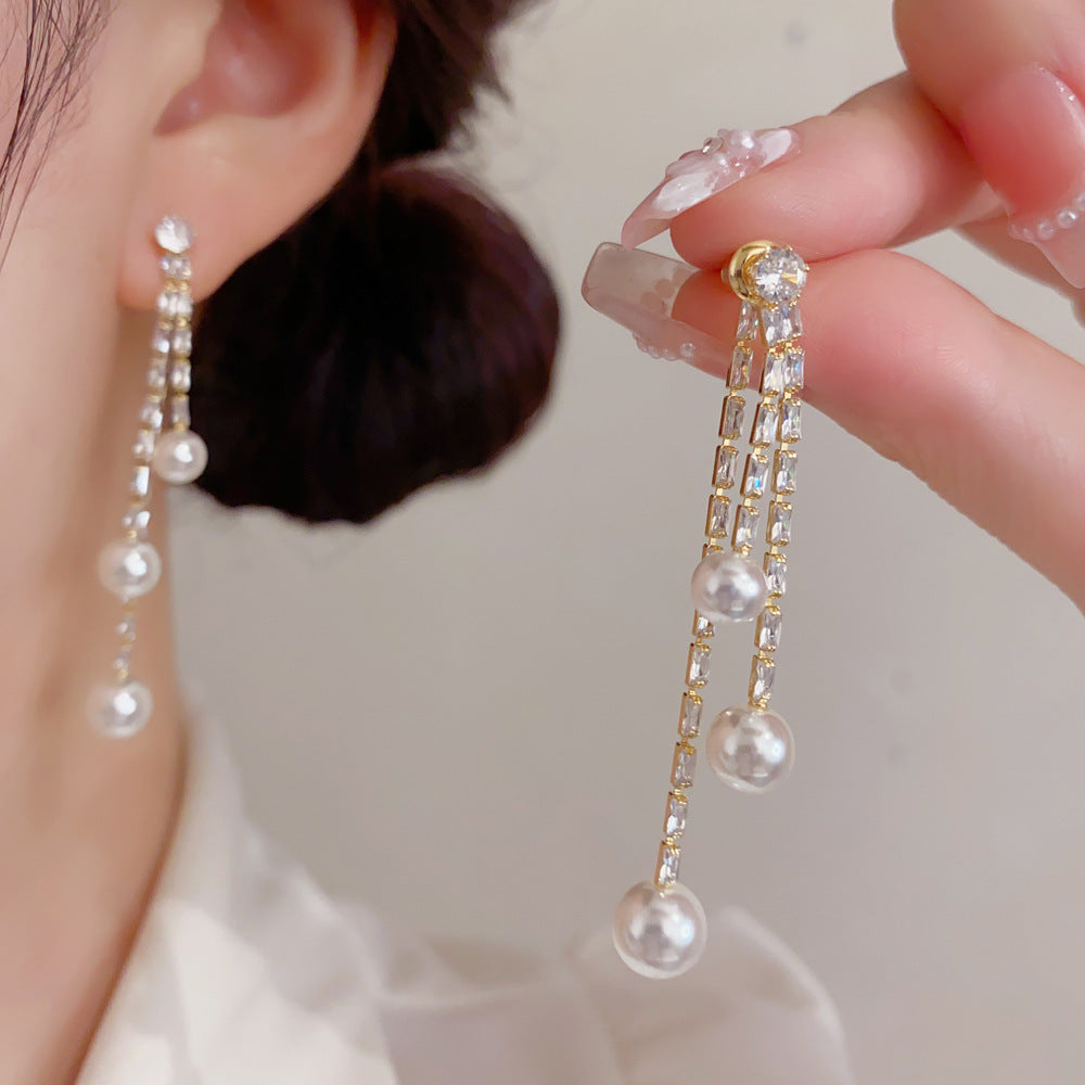 珍珠鋯石流蘇兩用耳墜－商品主圖｜https://igowo.tw/