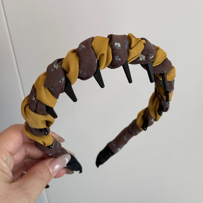 碎花蝴蝶結復古鯊魚夾－橘咖拼色-寬版箍款細節｜https://igowo.tw/