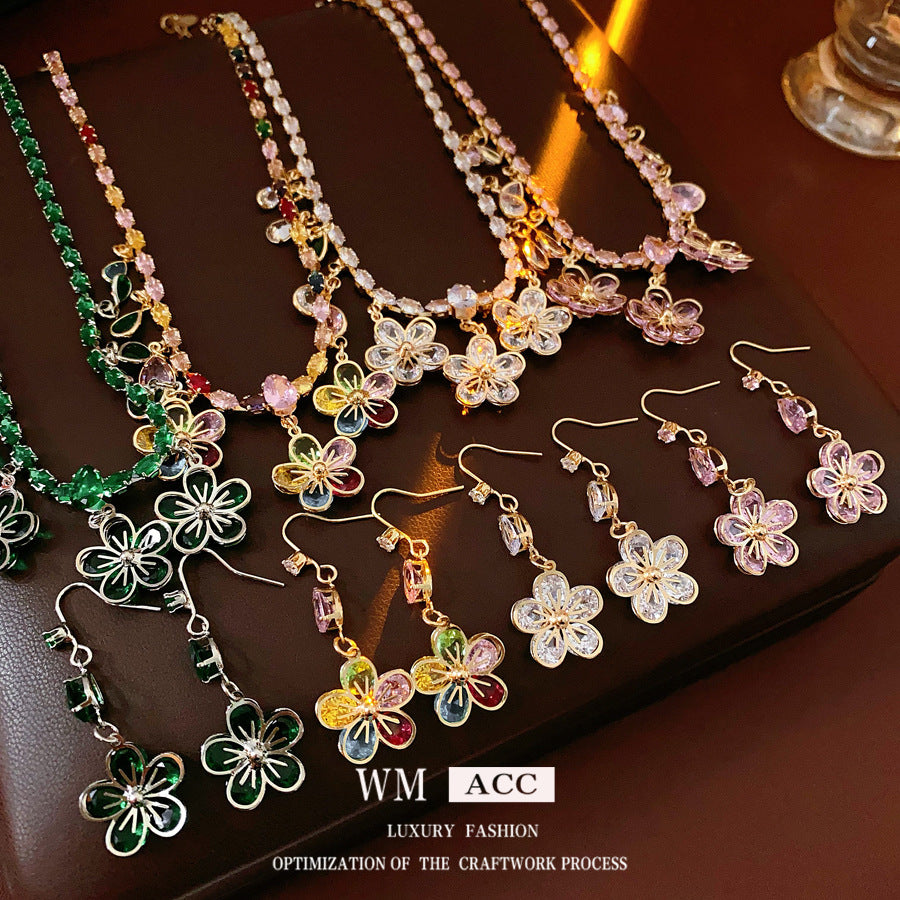 鋯石花朵項鍊耳環組－商品主圖｜https://igowo.tw/
